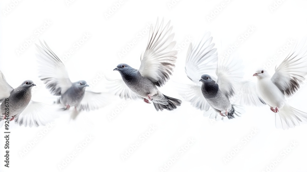 Fototapeta premium Graceful Pigeons Soaring in Flight Against a Light Background