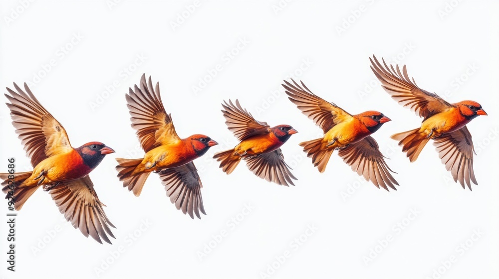 Obraz premium Colorful Birds in Flight Against a Plain White Background
