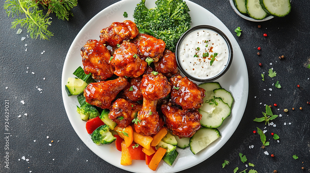Chicken wings with sweet and sour sauce. Roast chicken wings BBQ. Fast food. Plate of delicious barbecue chicken wings. Korean fried chicken. Spicy chicken wings. Copy space area Chicken wings with sweet and sour sauce. Roast chicken wings BBQ. Fast food. Plate of delicious barbecue chicken wings. Korean fried chicken. Spicy chicken wings. Copy space area