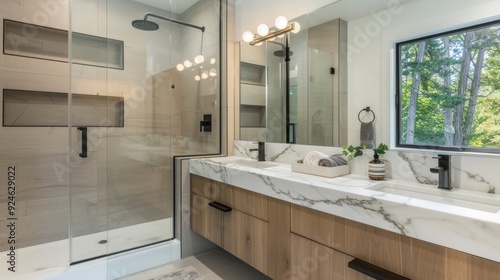 Wallpaper Mural A bathroom with a large mirror and a glass shower stall Torontodigital.ca