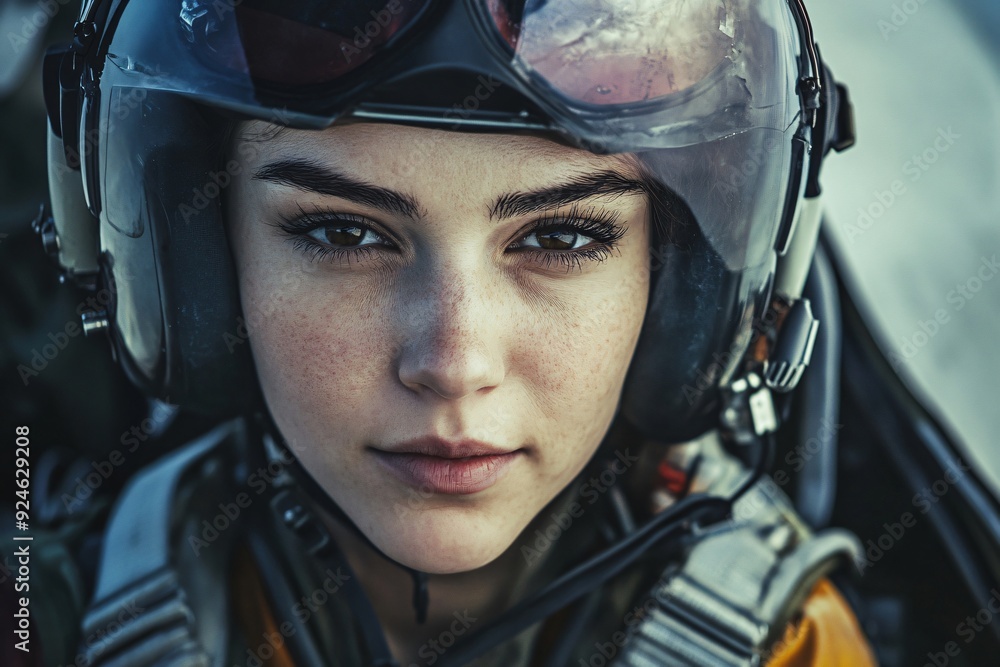 Portrait of a young female pilot wearing a helmet with an oxygen mask ...