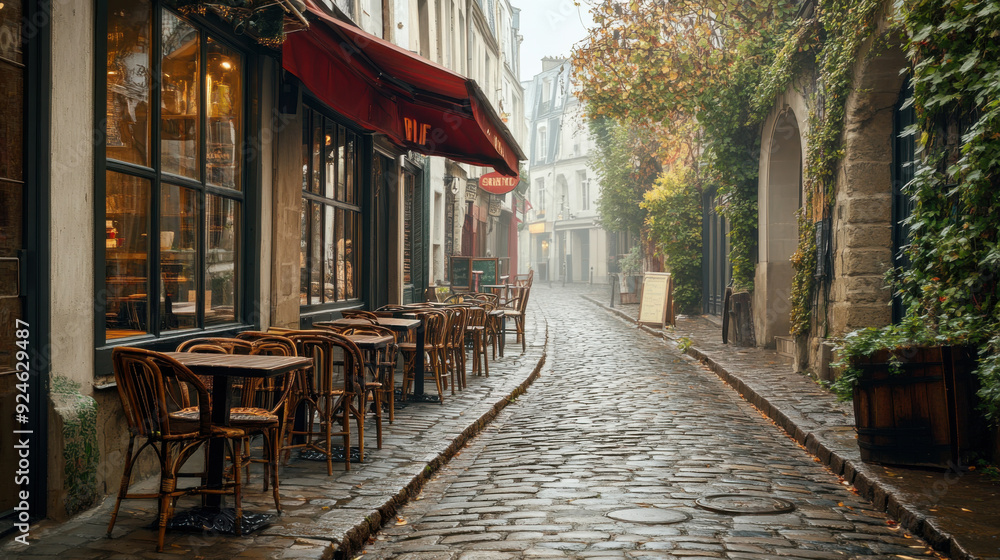 Fototapeta premium A charming Parisian cafe terrace, with tables lined up along a cobblestone street, capturing