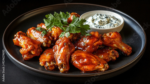 Chicken wings with sweet and sour sauce. Roast chicken wings BBQ. Fast food. Plate of delicious barbecue chicken wings. Korean fried chicken. Spicy chicken wings. Copy space area