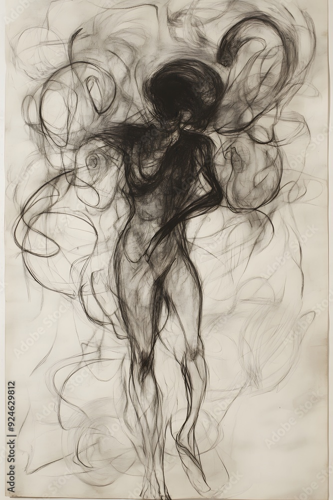 A rough, pencil sketch, illustrating an abstract figure in a defensive posture, battling swirling, chaotic shapes that represent internal fears and anxieties. 
