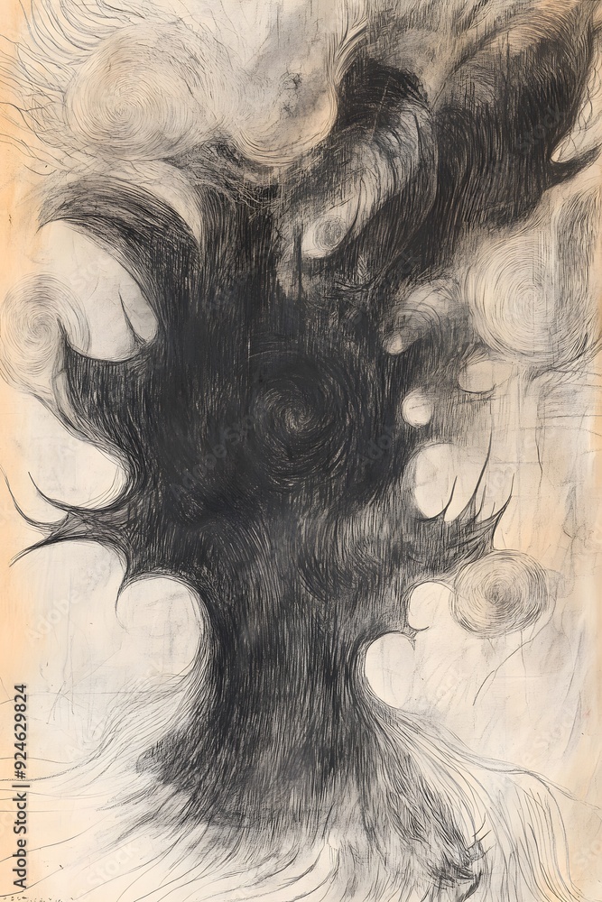 Fototapeta premium A rough, pencil sketch, illustrating an abstract figure in a defensive posture, battling swirling, chaotic shapes that represent internal fears and anxieties. 