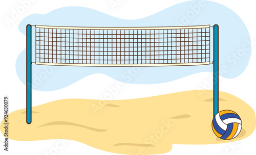 beach volleyball vector illustration.Vivid beach landscape with volleyball net on sandy beach invites players to friendly matches