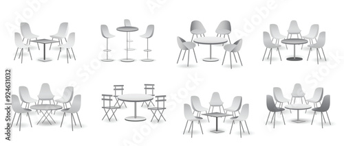 set of realistic trade exhibition chair and table or white blank exhibition kiosk or stand booth corporate commercial. 3D Render