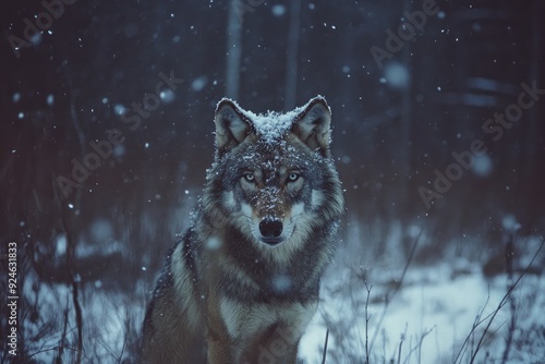 A Wolf Standing in a Snowy Forest with a Blue Eye photo