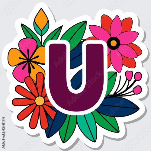 a sticker featuring a beautiful floral typography "U with flowers and leaves integrated into the letters, 