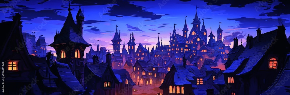 The banner depicts a medieval night town scape with lights, sky with clouds in the background, and a fantasy town lit by lighting The banner depicts a medieval night town scape with lights, sky with clouds in the background, and a fantasy town lit by lighting