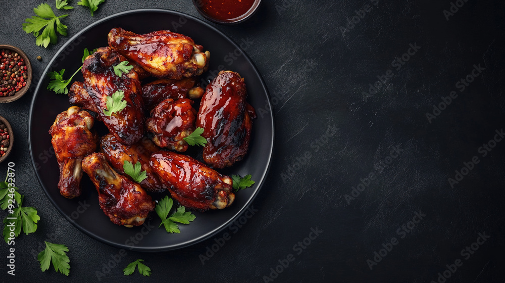 Roast chicken wings BBQ. Fast food. Baked chicken wings in sweet and sour sauce with ketchup. Plate of delicious barbecue chicken wings. Copy space area Roast chicken wings BBQ. Fast food. Baked chicken wings in sweet and sour sauce with ketchup. Plate of delicious barbecue chicken wings. Copy space area