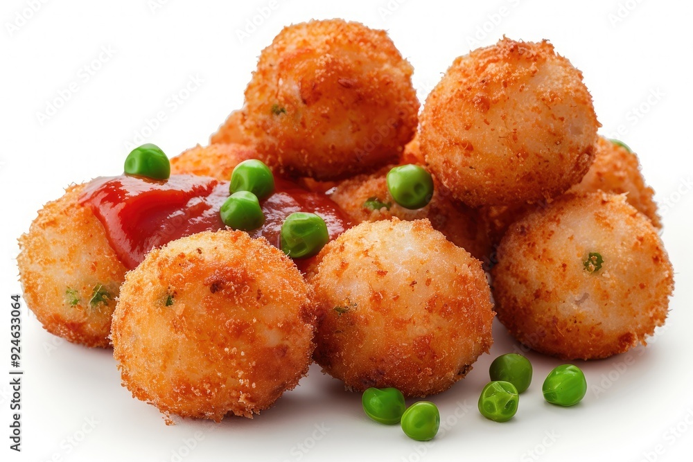 A pile of crispy, golden-brown fried balls with green peas and ketchup on top. A pile of crispy, golden-brown fried balls with green peas and ketchup on top.