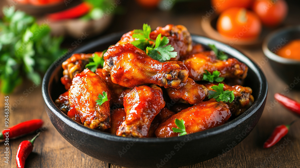 Chicken wings with sweet and sour sauce. Roast chicken wings BBQ. Fast food. Plate of delicious barbecue chicken wings. Korean fried chicken. Spicy chicken wings. Copy space area Chicken wings with sweet and sour sauce. Roast chicken wings BBQ. Fast food. Plate of delicious barbecue chicken wings. Korean fried chicken. Spicy chicken wings. Copy space area