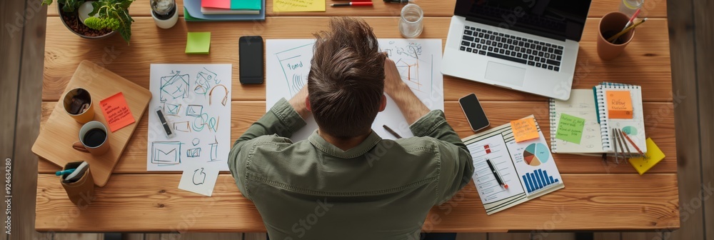 A man works on a creative project at a wooden desk, surrounded by colorful sketches, notes, and office supplies in a cluttered workspace. A man works on a creative project at a wooden desk, surrounded by colorful sketches, notes, and office supplies in a cluttered workspace.