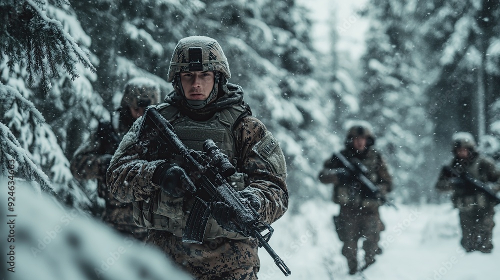 photograph of armed military soldiers in snowy forest. copy space for text. photograph of armed military soldiers in snowy forest. copy space for text.