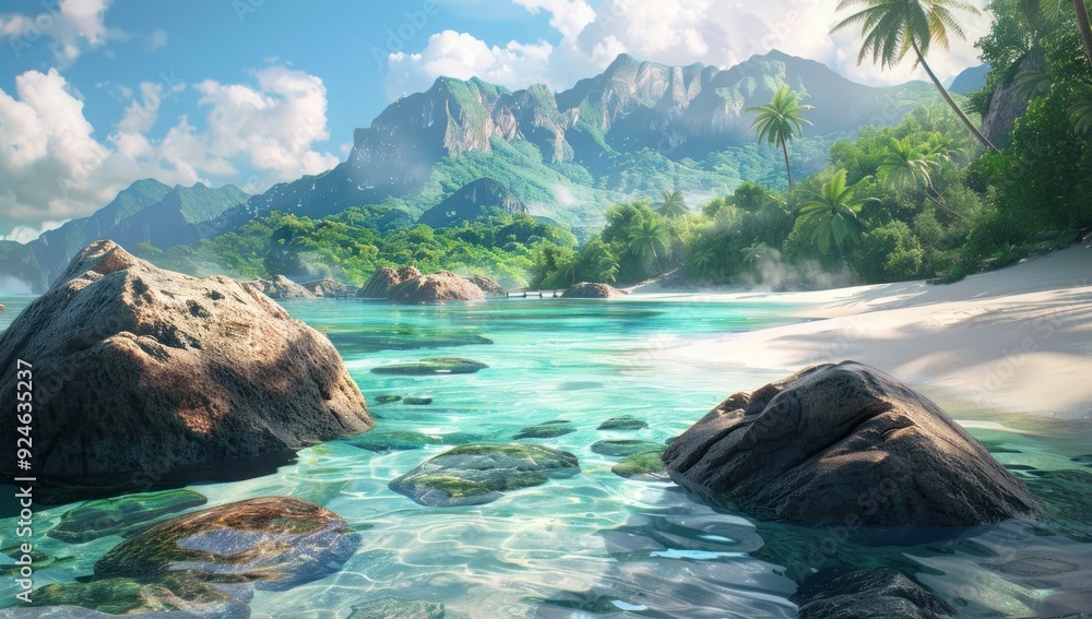 Fototapeta premium Tranquil Tropical Paradise: Beach, Mountains, and Crystal-Clear Waters