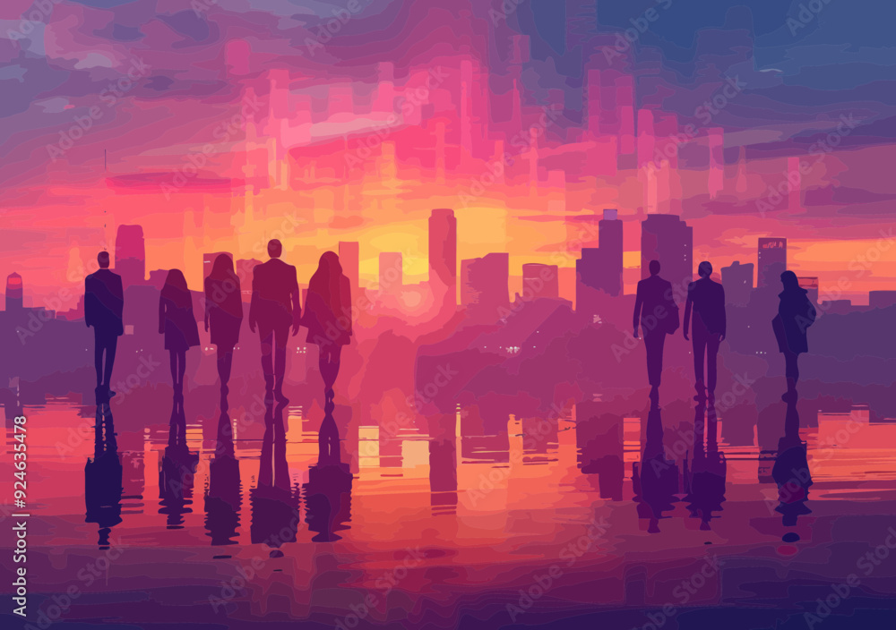 Business Team Analyzing Goals at Sunset with Urban Skyline Reflection, Modern Professional Collaboration Concept Business Team Analyzing Goals at Sunset with Urban Skyline Reflection, Modern Professional Collaboration Concept
