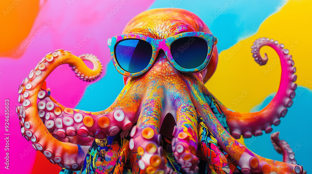 A vibrant octopus wearing sunglasses is surrounded by a colorful background in bright hues, showcasing a stylish look A vibrant octopus wearing sunglasses is surrounded by a colorful background in bright hues, showcasing a stylish look