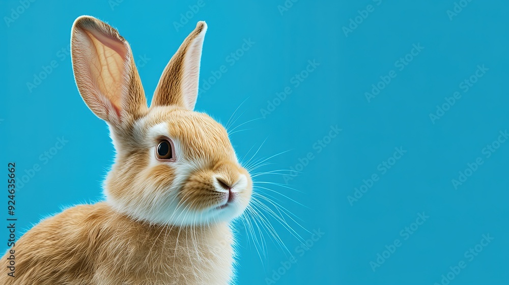 Fototapeta premium Cute Rabbit with Ample Space on the Left for Blue Blank Background, Minimalist Composition