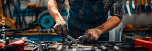 Hands are using pliers on a workbench loaded with various tools and parts, symbolizing detailed manual work and craftsmanship.