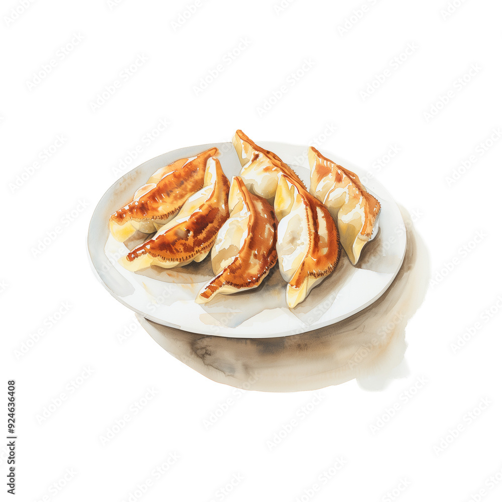 Watercolor illustration of grilled dumplings on a plate on white background