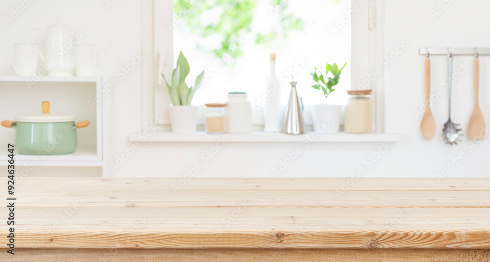 Empty wood table top counter and blur kitchen window interior background ready for product montage Empty wood table top counter and blur kitchen window interior background ready for product montage
