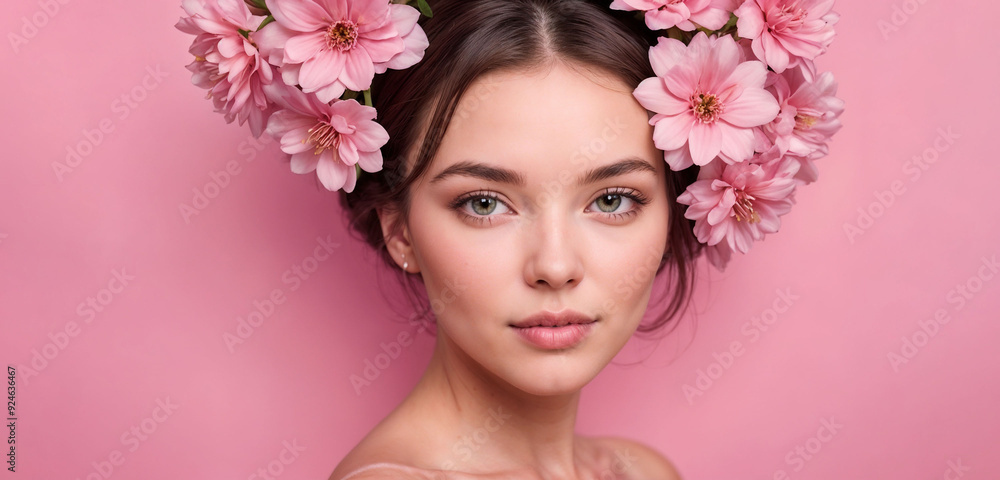 Close-up portrait of a woman with pink flowers, set against a matching pink background, embodying beauty and femininity. Close-up portrait of a woman with pink flowers, set against a matching pink background, embodying beauty and femininity.