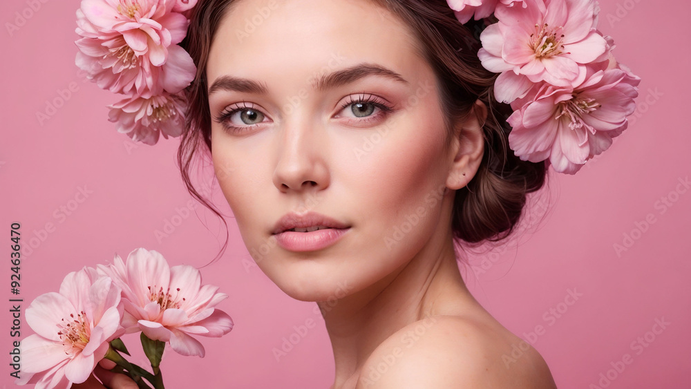 Close-up portrait of a woman with pink flowers, set against a matching pink background, embodying beauty and femininity. Close-up portrait of a woman with pink flowers, set against a matching pink background, embodying beauty and femininity.