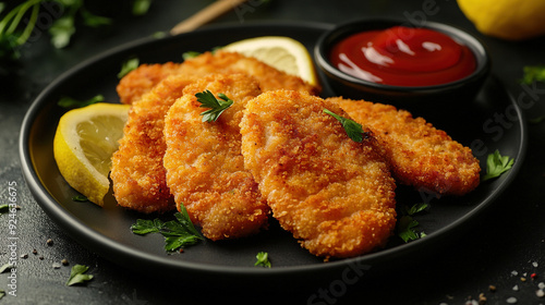 The incredibly delicious and appetizing breaded chicken cutlets on a dark plate with lemon, herbs and ketchup sauce. Crispy chicken strips or fried chicken. Fast Food. Copy space area