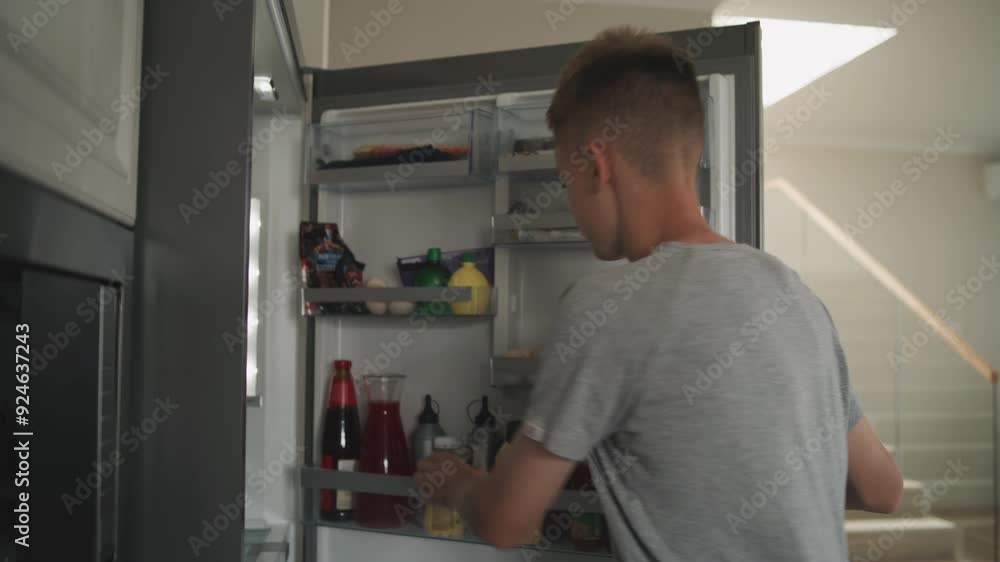 Caucasian teenager walks down the stairs in stylish and modern house, opens the refrigerator and grabs drink and snack, then walks up to his room. Teen boy spending time at home. Lifestyle concept. Caucasian teenager walks down the stairs in stylish and modern house, opens the refrigerator and grabs drink and snack, then walks up to his room. Teen boy spending time at home. Lifestyle concept.