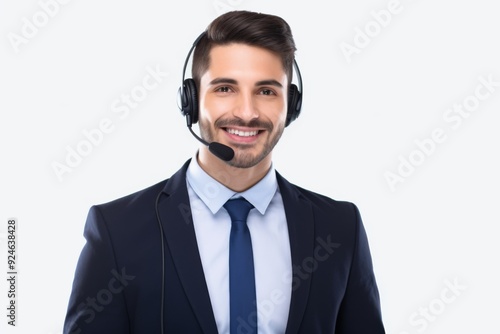 Attentive Customer Service Representative with Warm Smile and Headset on White Background, Concept of Assistance and Support. photo