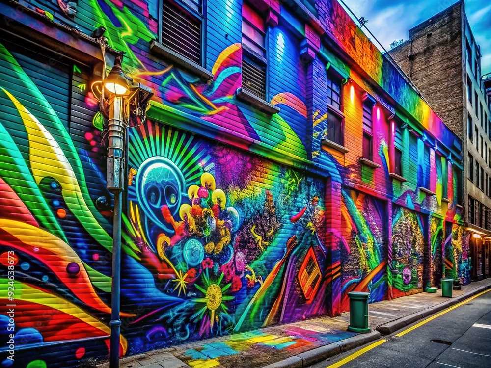Fototapeta premium Neon Graffiti Timelapse: Fast-paced time-lapse capturing the evolution of vibrant street art in electric neon colors, conveying a sense of urban dynamism and energy.
