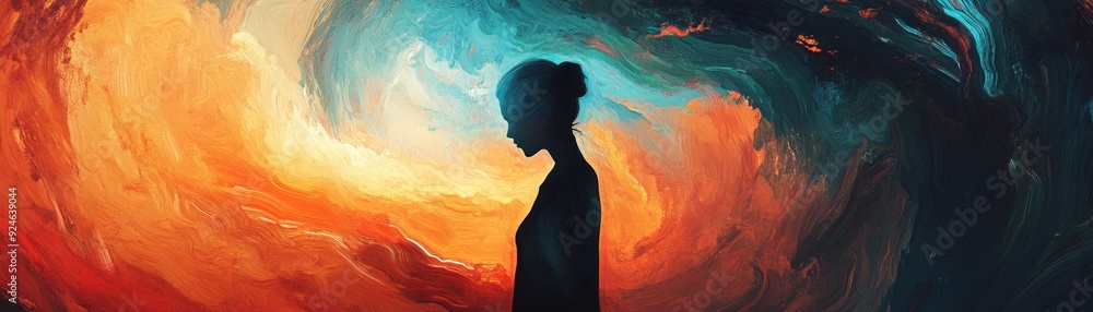 Transcendence in Cool Tones: Abstract Human Silhouette Dissolving into Vibrant Color Swirls Transcendence in Cool Tones: Abstract Human Silhouette Dissolving into Vibrant Color Swirls