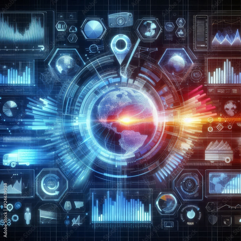 Obraz premium E-commerce Metrics Futuristic Background for Online Retail Analytics. Dynamic data visualization, charts, and graphs presenting insights into digital commerce trends and performance. 