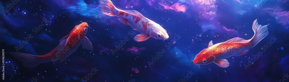 Naklejka premium Mystical Holographic Koi Fish Gliding in Cool Blue and Purple Night Sky, Fantasy Illustration with Luminous Vibes