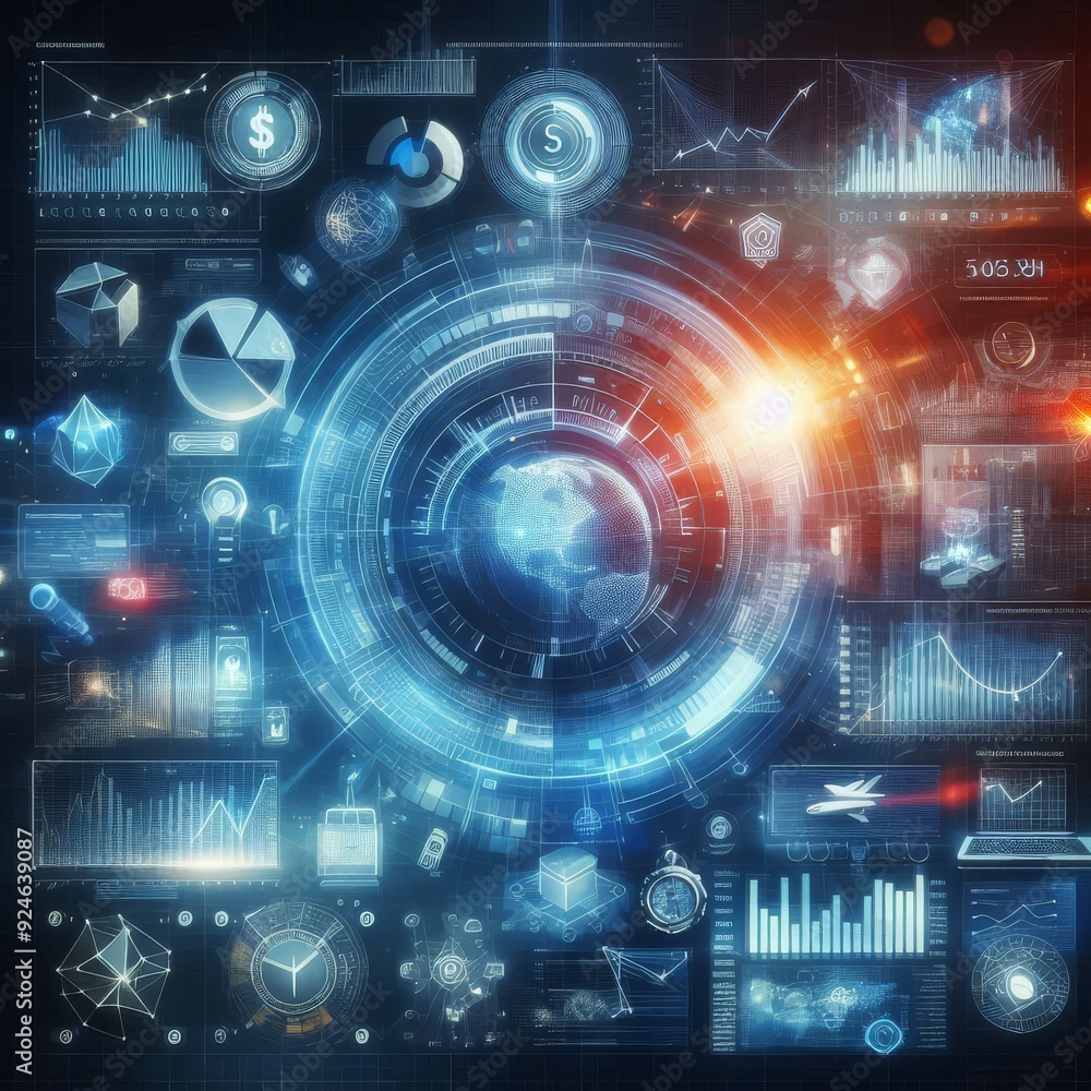 Obraz premium E-commerce Metrics Futuristic Background for Online Retail Analytics. Dynamic data visualization, charts, and graphs presenting insights into digital commerce trends and performance. 
