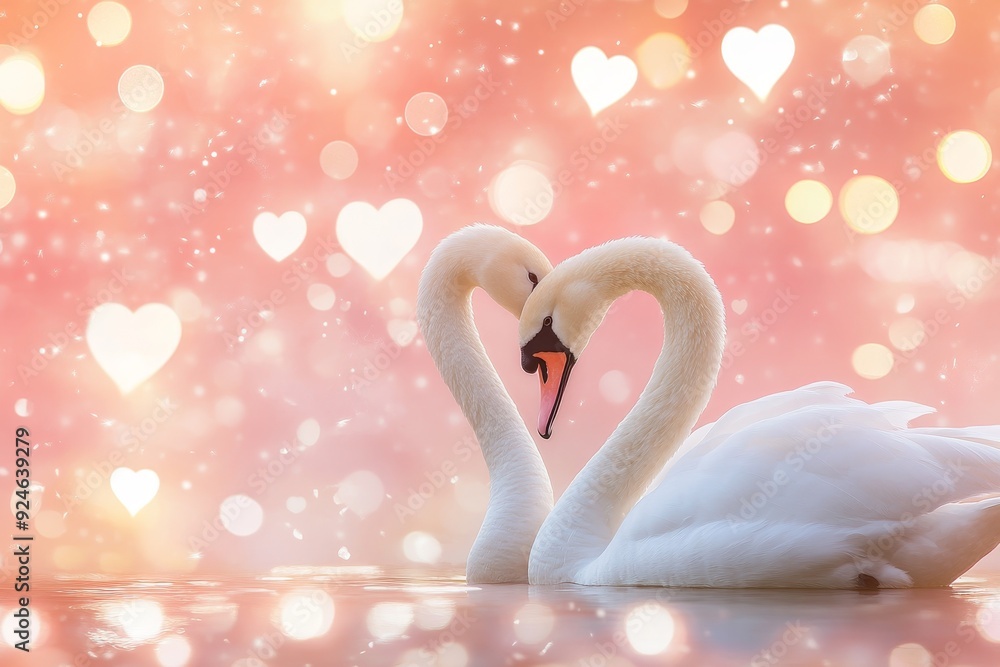 Fototapeta premium Romantic swan couple on valentine s day card background symbolizing love and romance