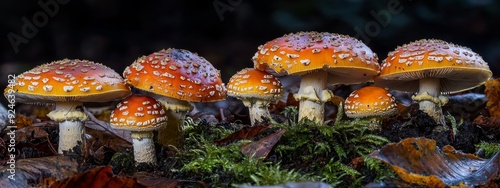 An evening light bathes flyagarics in a soft glow. Panoramic image. photo