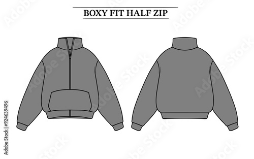 Front back Boxy half zipmock up design, which can be edited as needed in vector form.This design is for store products, templates, hoodie designs, mock ups, and others related to fashion