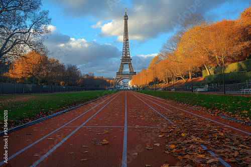 Athletics track in front of the Eiffel Tower at the Olympic games stadium, Rendering 3d. Generative AI photo