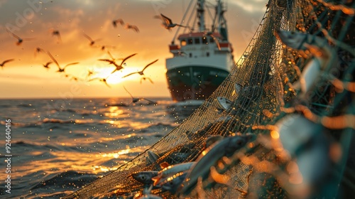 A fishing schooner in action, demonstrating the process of fishing for commercial purposes, provides a glimpse into the industrial scale of seafood extraction.