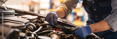 Technician wearing gloves and overalls works under the hood of a car, adjusting parts and ensuring everything is in working order. photo