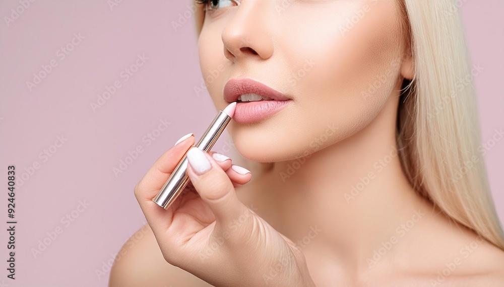 Make up artist applying lipstick, close-up of the lips of a young woman in beauty saloon Make up artist applying lipstick, close-up of the lips of a young woman in beauty saloon