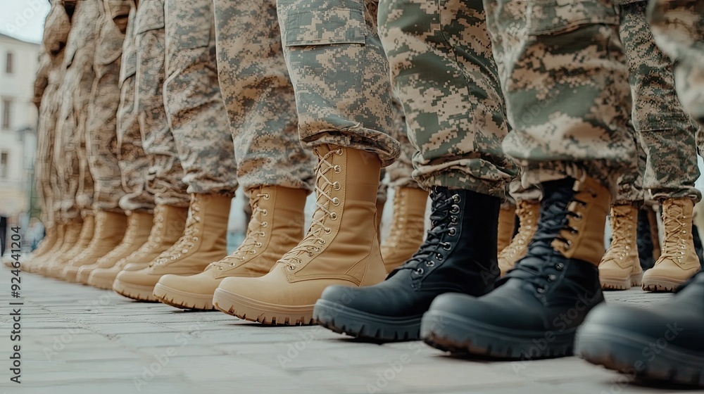 A regiment of soldiers in camouflage uniforms stand in formation, showcasing their black boots against the blurred backdrop of a military training ground A regiment of soldiers in camouflage uniforms stand in formation, showcasing their black boots against the blurred backdrop of a military training ground