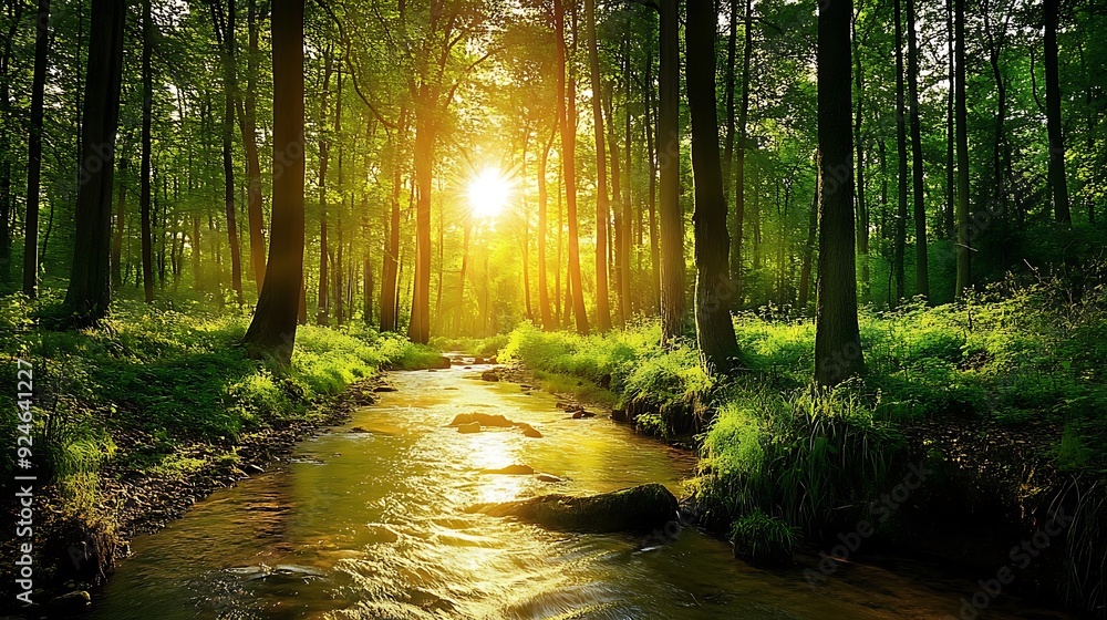 Obraz premium A tranquil forest with a serene river flowing through it at sunset