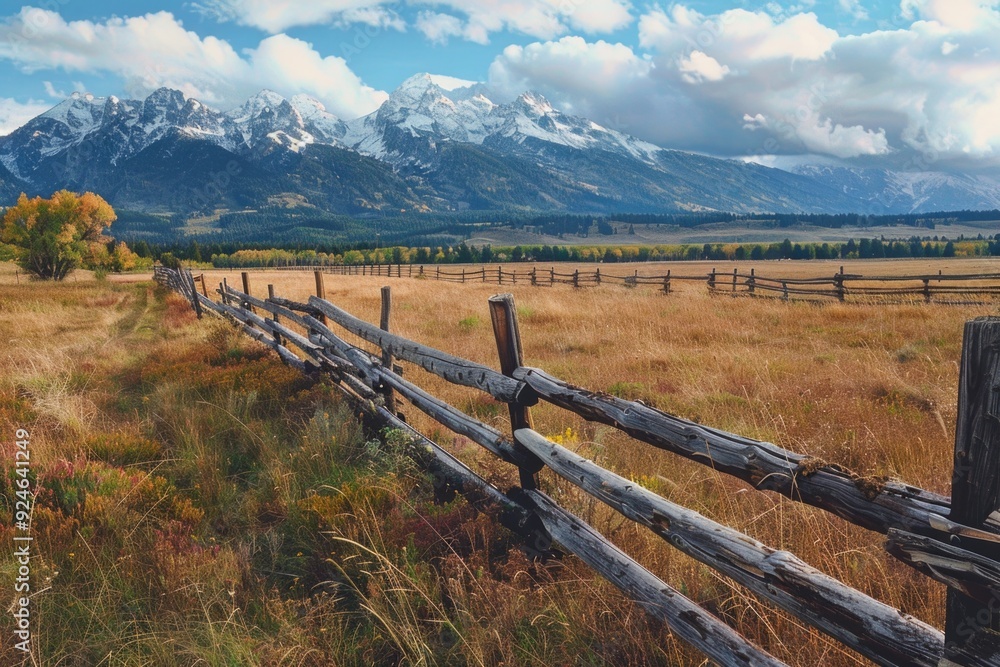 A wooden fence in a field with mountains in the background, suitable for rural or countryside themed projects A wooden fence in a field with mountains in the background, suitable for rural or countryside themed projects
