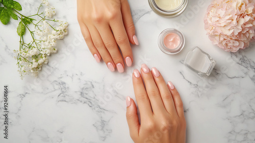 Overhead view of a pair of hands with healthy, manicured nails placed on a marble countertop. The nails are polished with a clear coat, showing a healthy pinkish tint and strong, smooth texture. 