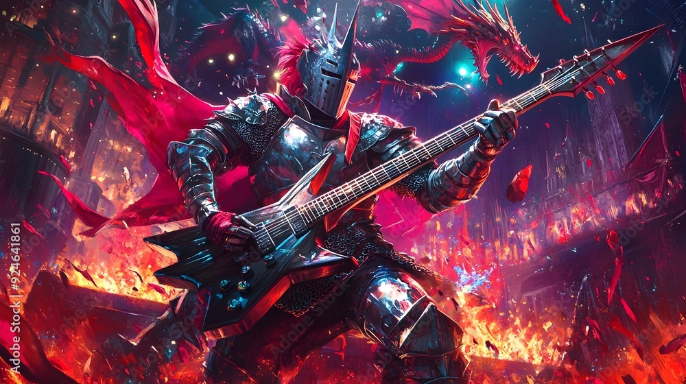 Fototapeta premium Courageous Knight in Gleaming Armor Performs Epic Rock Ballad on Dragon-Themed Stage