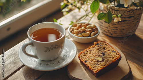 A cozy breakfast setup with a cup of herbal tea, a slice of homemade banana bread, and a small