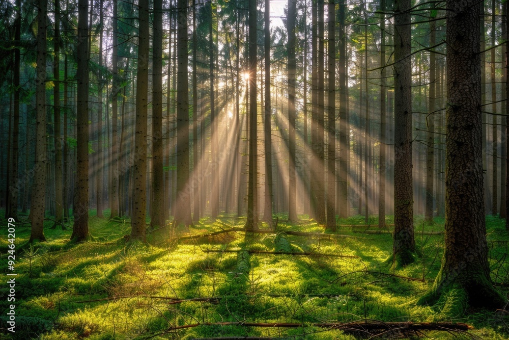Obraz premium A serene scene of sunlight peeking through the treetops in a dense forest
